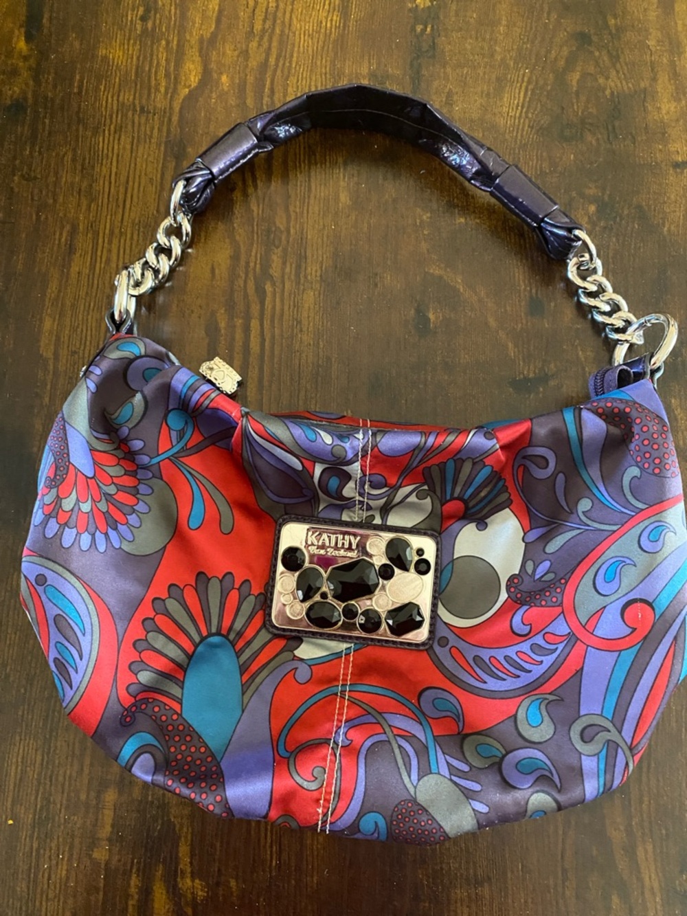 Kathy van Zeeland Patterned Hobo Bag with Chain Handle - Designer Style